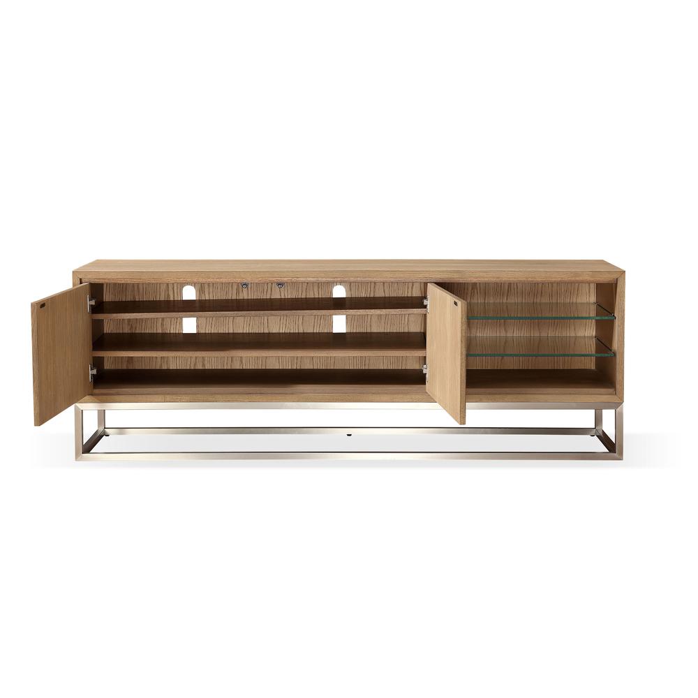 One Coastal Modern 74 inch TV Console in Brushed Stainless Steel and Bisque. Picture 2