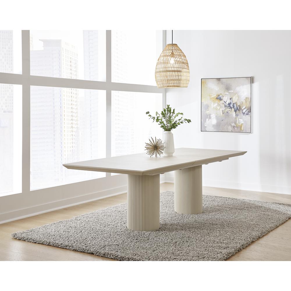 Cannon Stone Top Double Pedestal Extension Dining Table with Ivory Wood Base. Picture 1