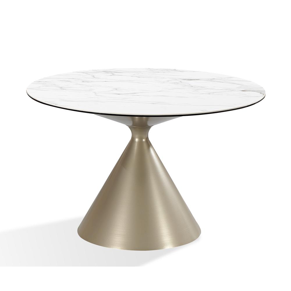 Winston Stone Top Metal Base Round Dining Table in Oat Milk and Champagne. Picture 1