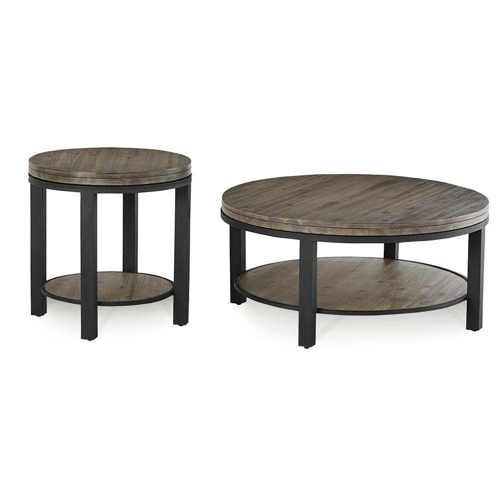 Canyon Solid Wood and Metal Round Coffee Table in Washed Grey. Picture 6