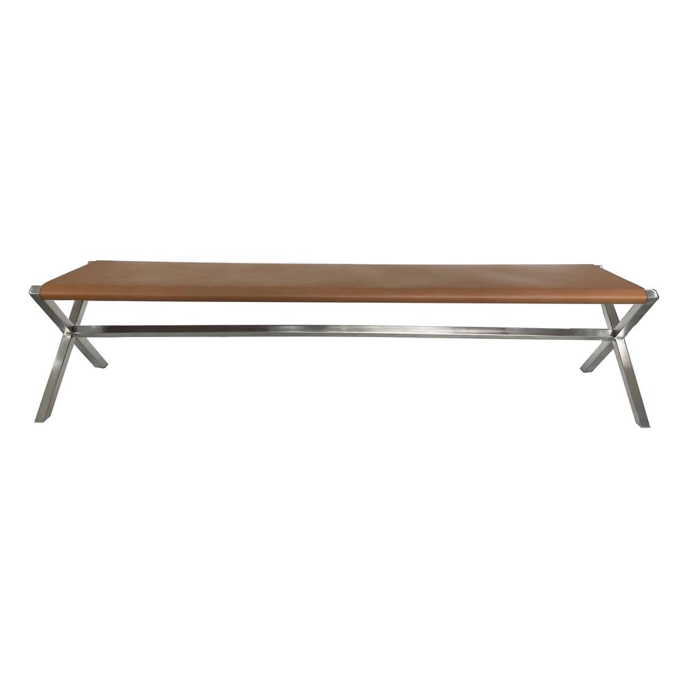 One Modern Coastal Director's Style Leather Dining Bench in Cognac. Picture 1