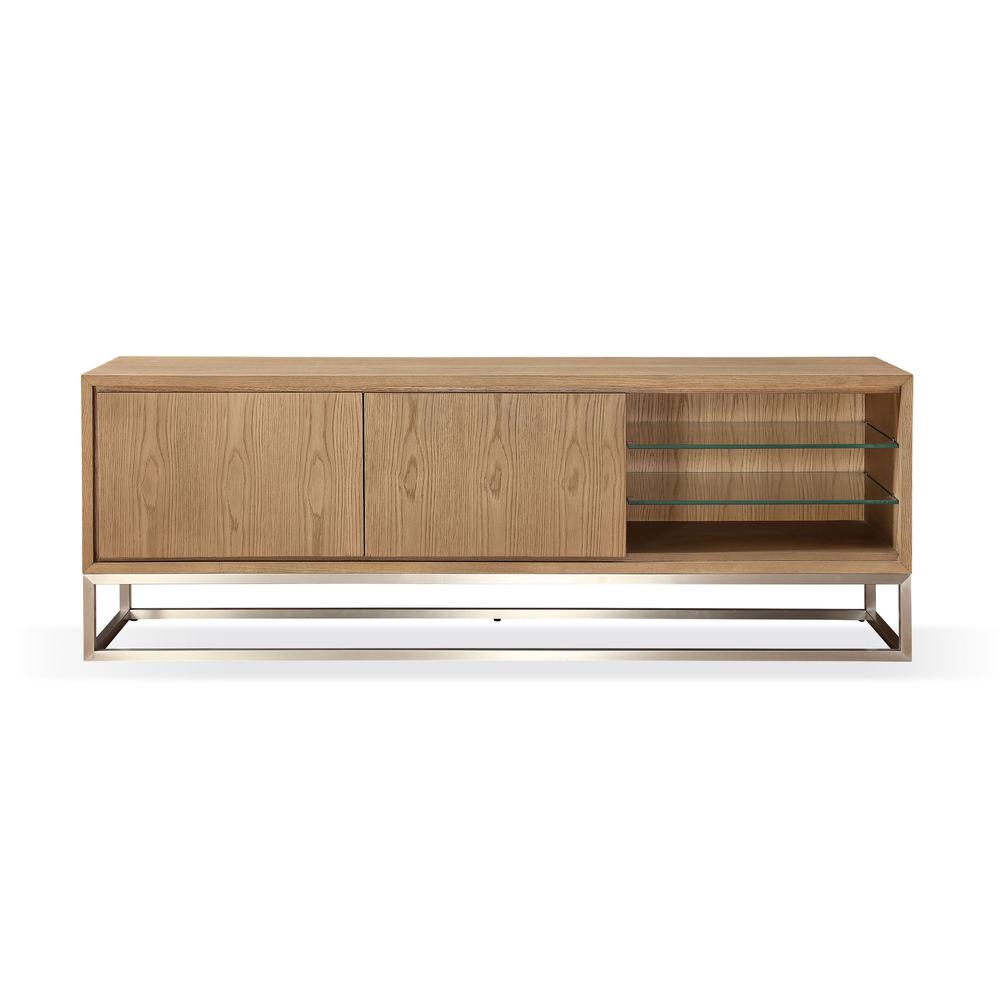 One Coastal Modern 74 inch TV Console in Brushed Stainless Steel and Bisque. Picture 1