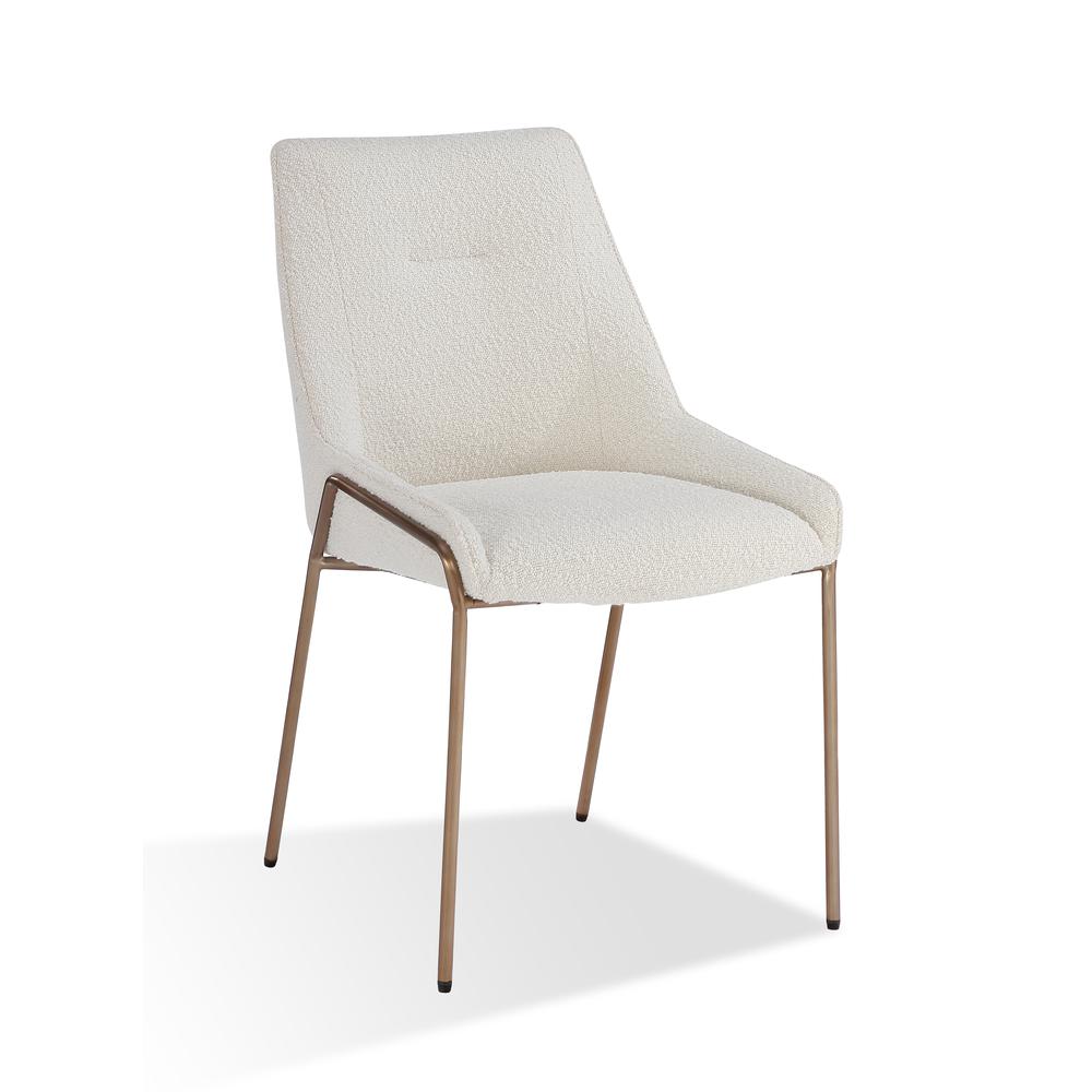 Cyrus Upholstered Dining Chair in Cottage Cheese Boucle and Brushed Bronze Metal. Picture 1