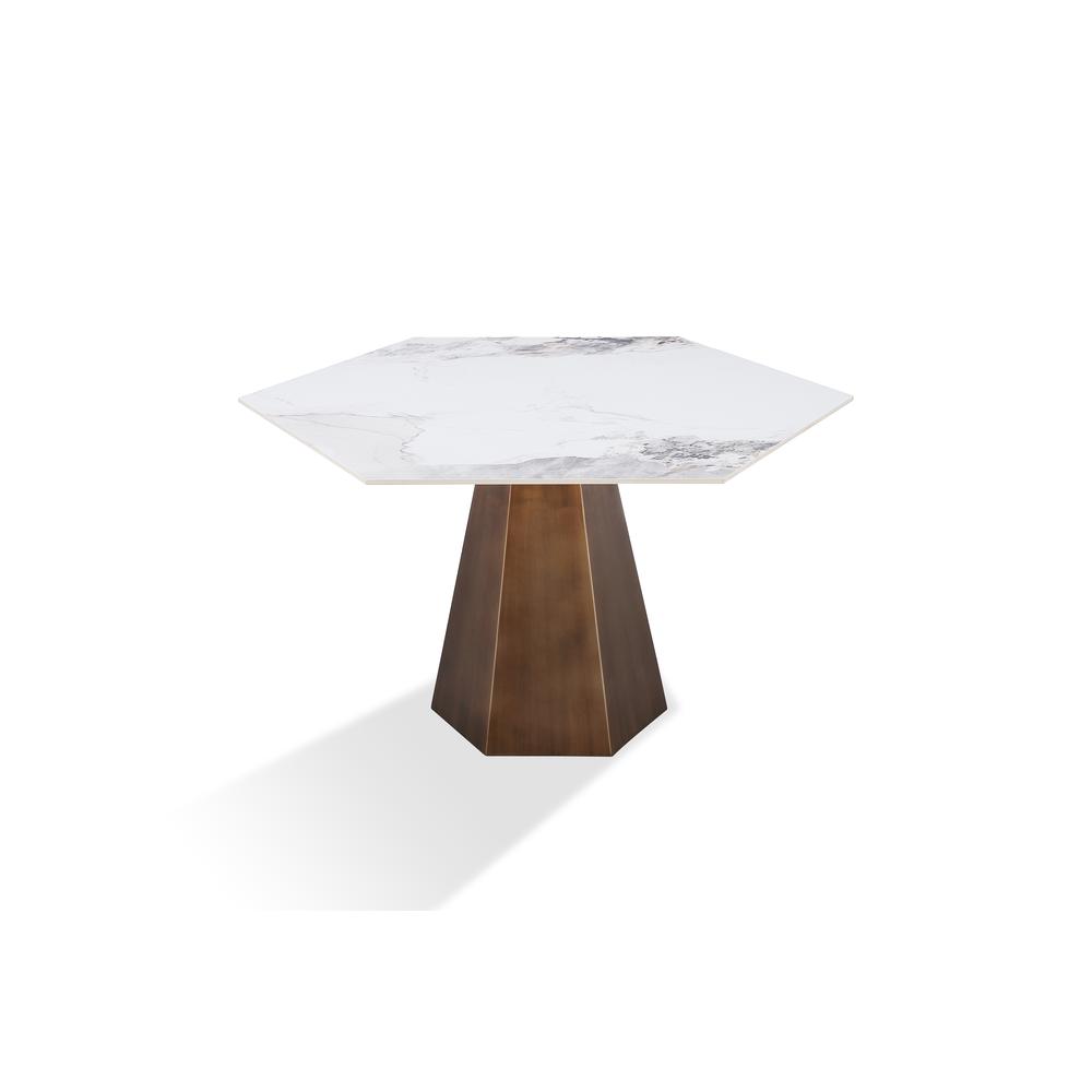 Balos Stone Top Hexagonal Dining Table in Chanelle and Bronze. Picture 4