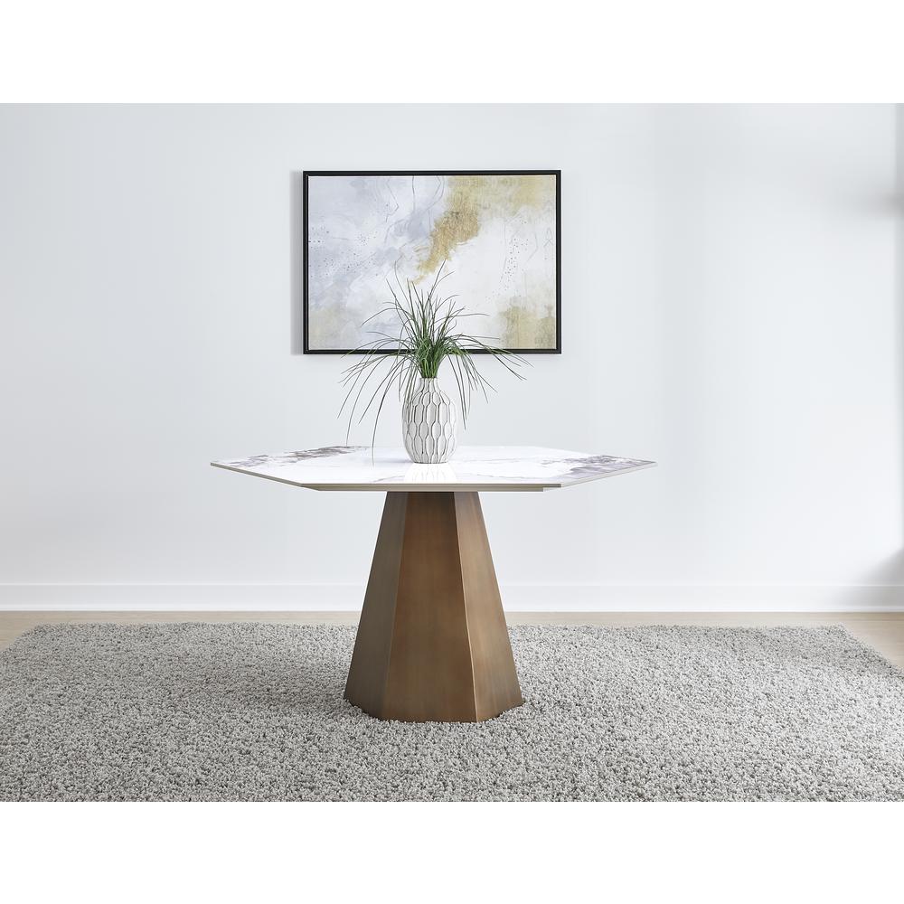 Balos Stone Top Hexagonal Dining Table in Chanelle and Bronze. Picture 1