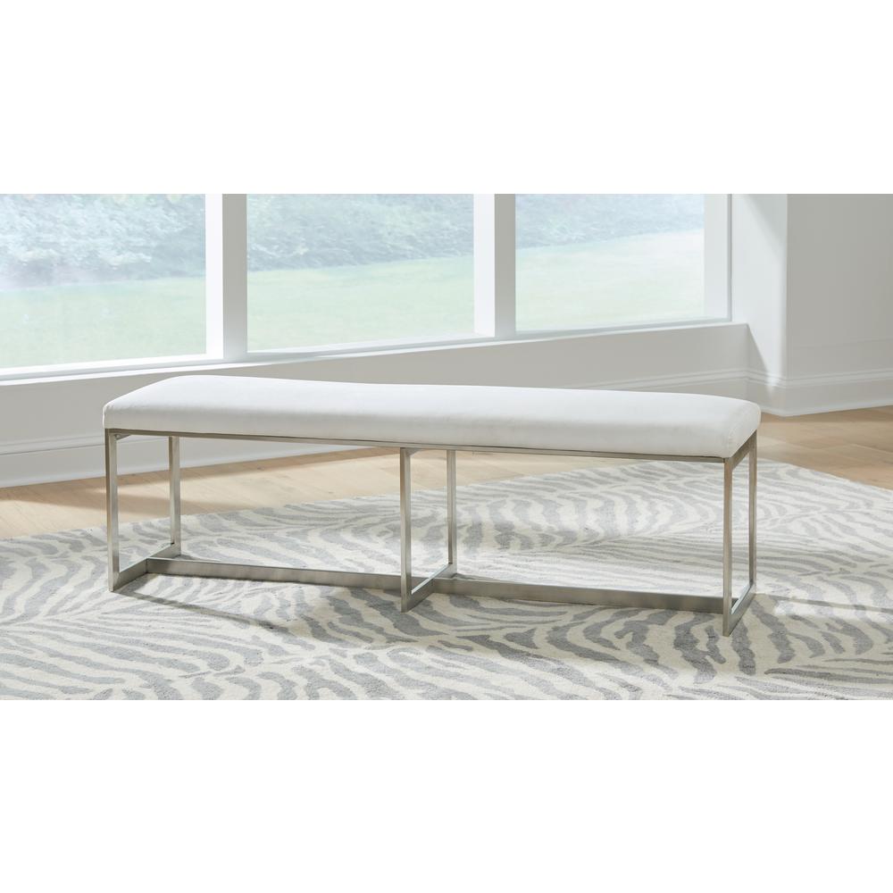 Eliza Upholstered Dining Bench in Pearl and Brushed Stainless Steel. Picture 1