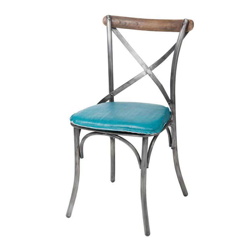 Metal Crossback Chair with Peacock Blue Seat Cushion. Picture 1
