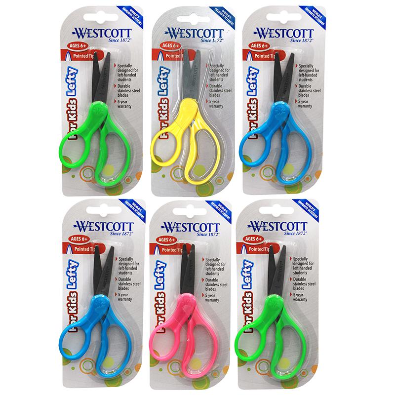 School Left-Handed Kids Scissors, Assorted Colors, 5" Pointed, Pack of 6. Picture 2