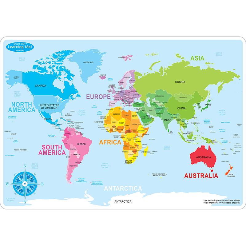 Smart Poly Learning Mats, 12" x 17", Double-Sided, World Basic Map, Pack of 10. Picture 2