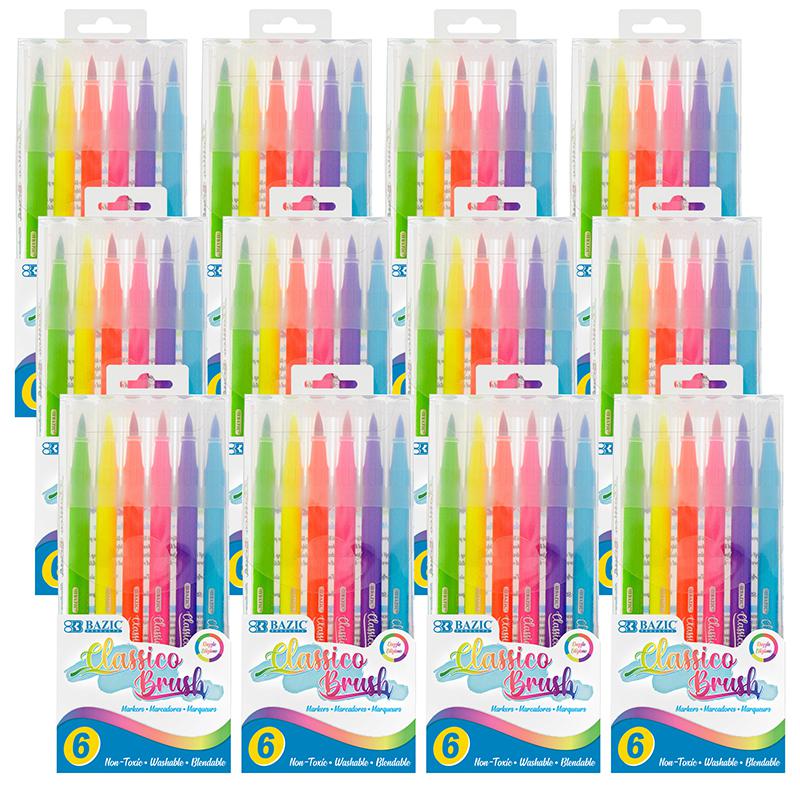 Washable Brush Markers, Fluorescent Colors, 6 Per Pack, 12 Packs. Picture 2