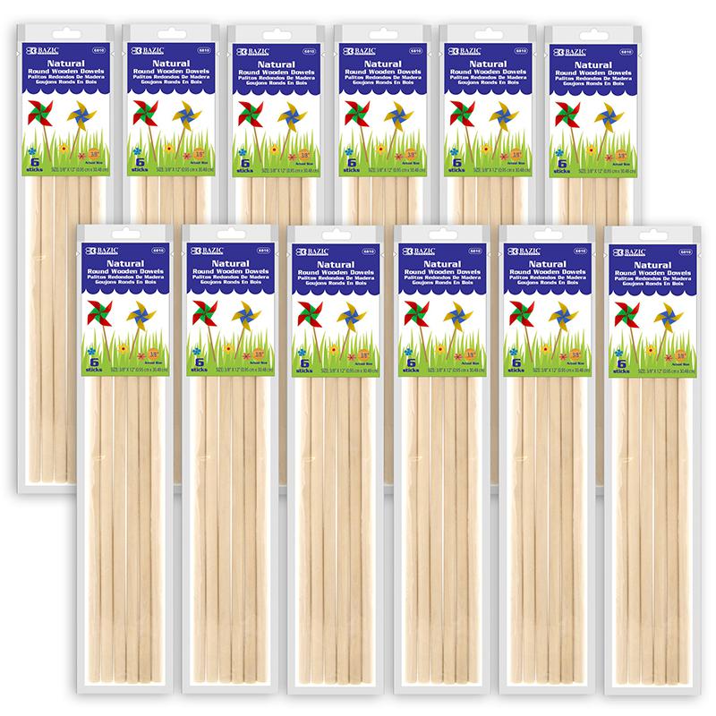 Round Natural Wooden Dowel, 3/8" x 12", 6 Per Pack, 12 Packs. Picture 2