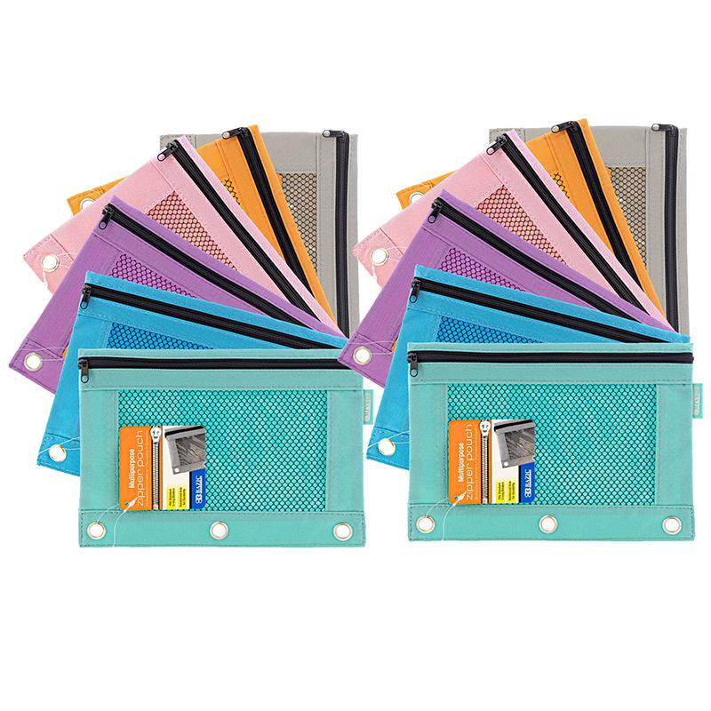 3-Ring Pencil Pouch with Mesh Window, Retro Pastel Colors, Pack of 12. Picture 2
