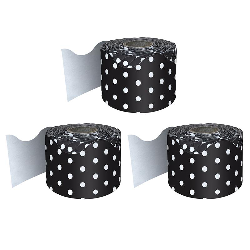 Black with White Polka Dots Rolled Scalloped Border, 65 Feet Per Roll, Pack of 3. Picture 2