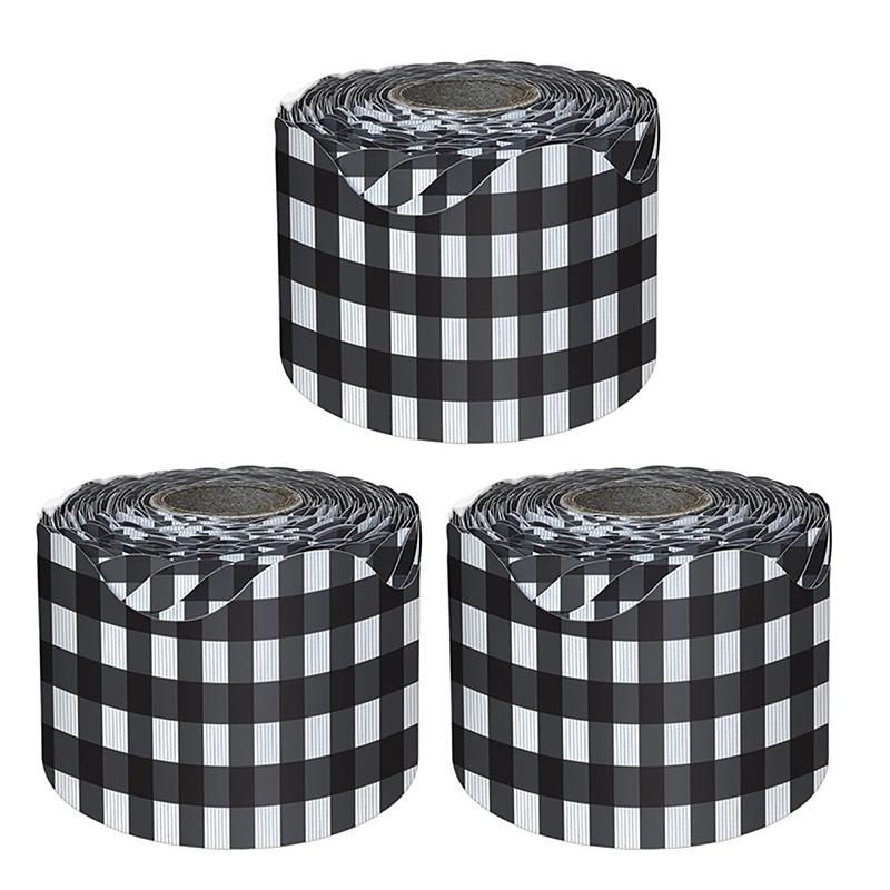 Black Gingham Rolled Scalloped Borders, 65 Feet Per Roll, Pack of 3. Picture 2