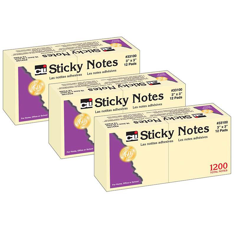 Sticky Notes, 3 x 3 Inch, 100 Sheets/Pad, Yellow, 12 Pads Per Pack, 3 Packs. Picture 2