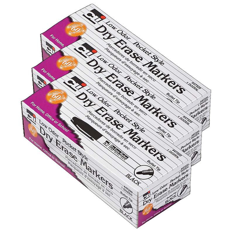 Dry Erase Markers, Pocket Style, Bullet Tip, Black, 12 Per Pack, 3 Packs. Picture 2