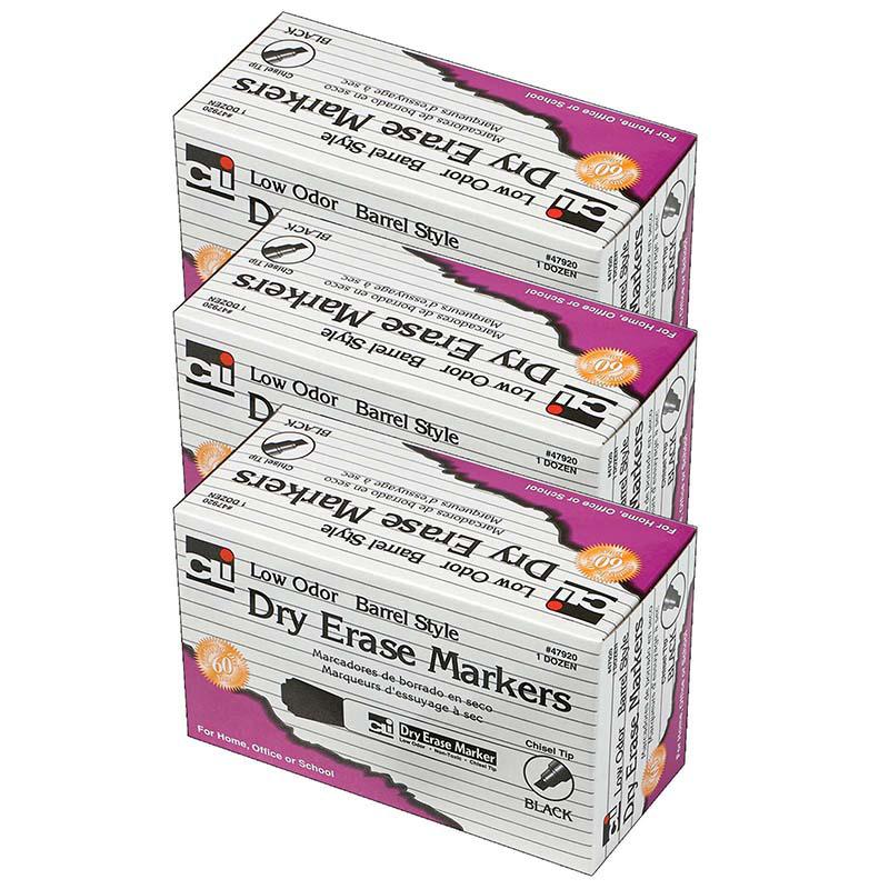 Dry Erase Markers, Barrel Style, Chisel Tip, Black, 12 Per Pack, 3 Packs. Picture 2