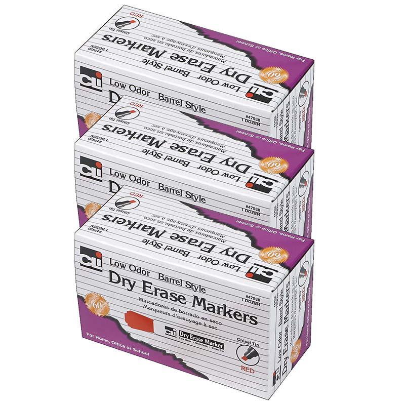 Dry Erase Markers, Barrel Style, Chisel Tip, Red, 12 Per Pack, 3 Packs. Picture 2
