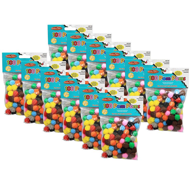 Pom-Poms 1/2", Assorted Colors, 100 Per Pack, 12 Packs. Picture 2