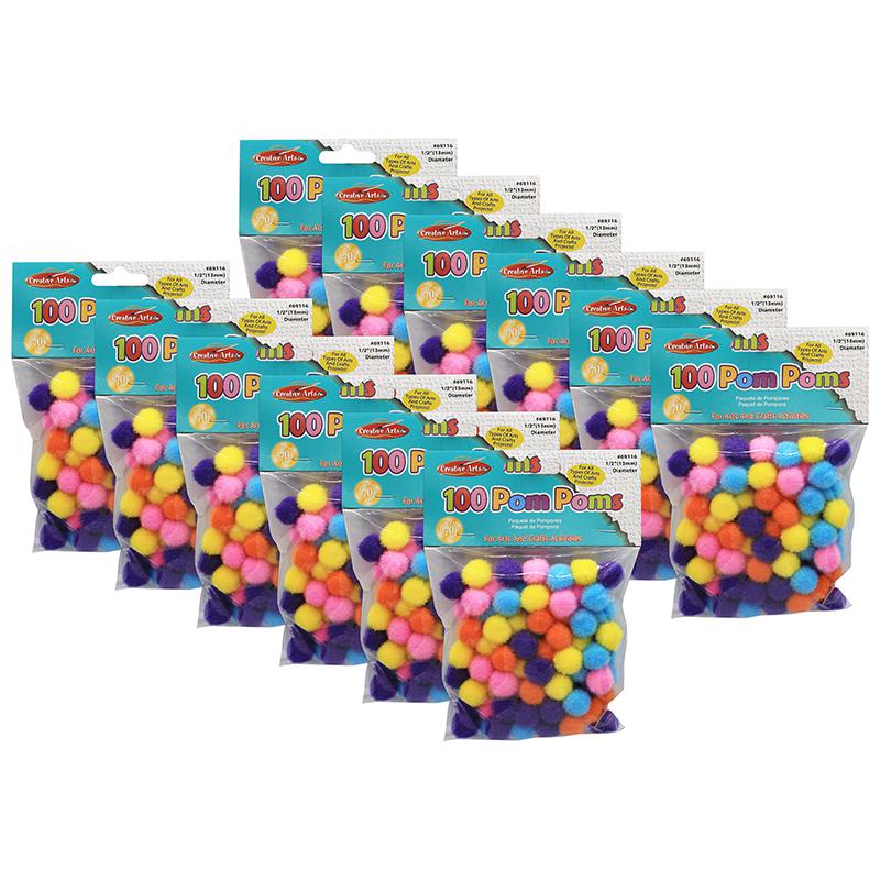Pom-Poms, 1/2", Hot Colors, 100 Per Pack, 12 Packs. Picture 2