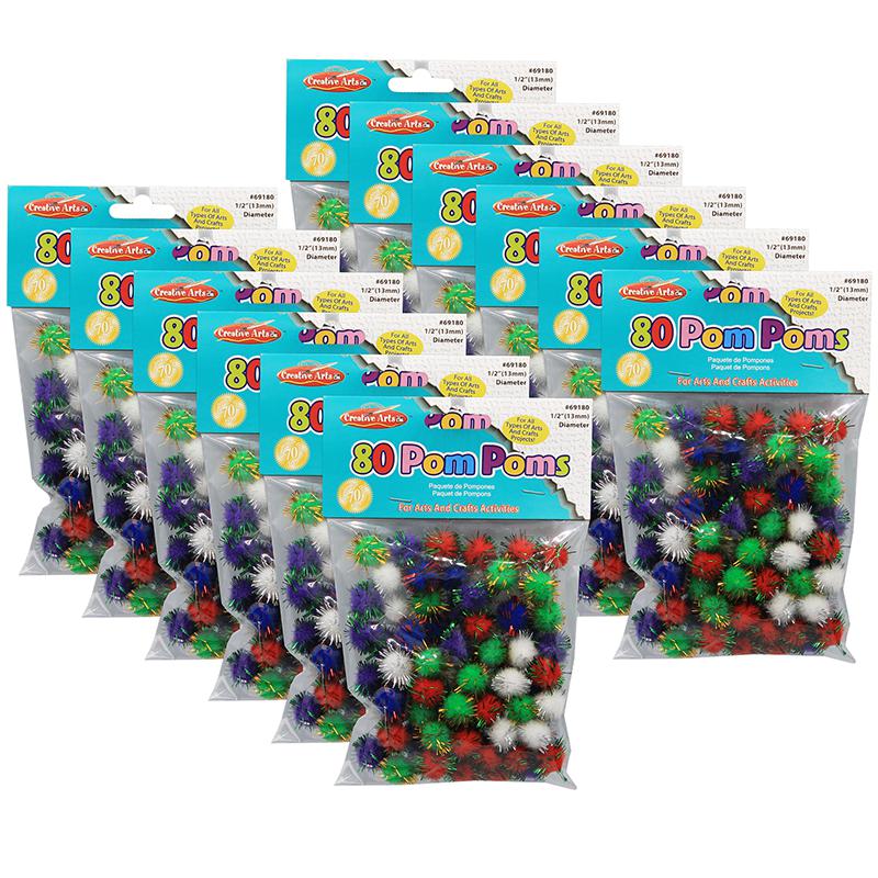 Pom-Poms 1/2", Assorted Glitter Colors, 80 Per Pack, 12 Packs. Picture 2