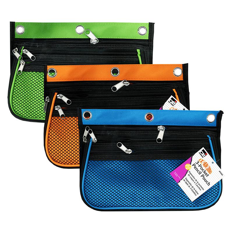 3 Pocket Pencil Pouch, Expanding to 2.25", 10.25"W x 7.25"H x 2.5"D - Pack of 3. Picture 2