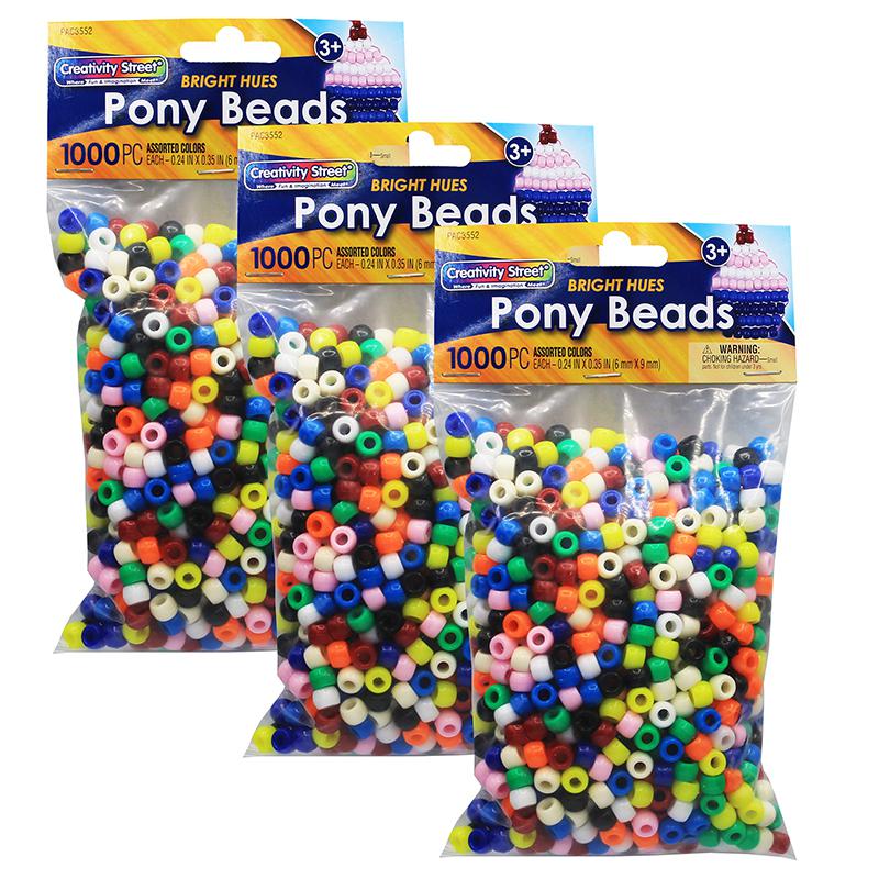 Pony Beads, Assorted Bright Hues, 6 mm x 9 mm, 1000 Per Pack, 3 Packs. Picture 2