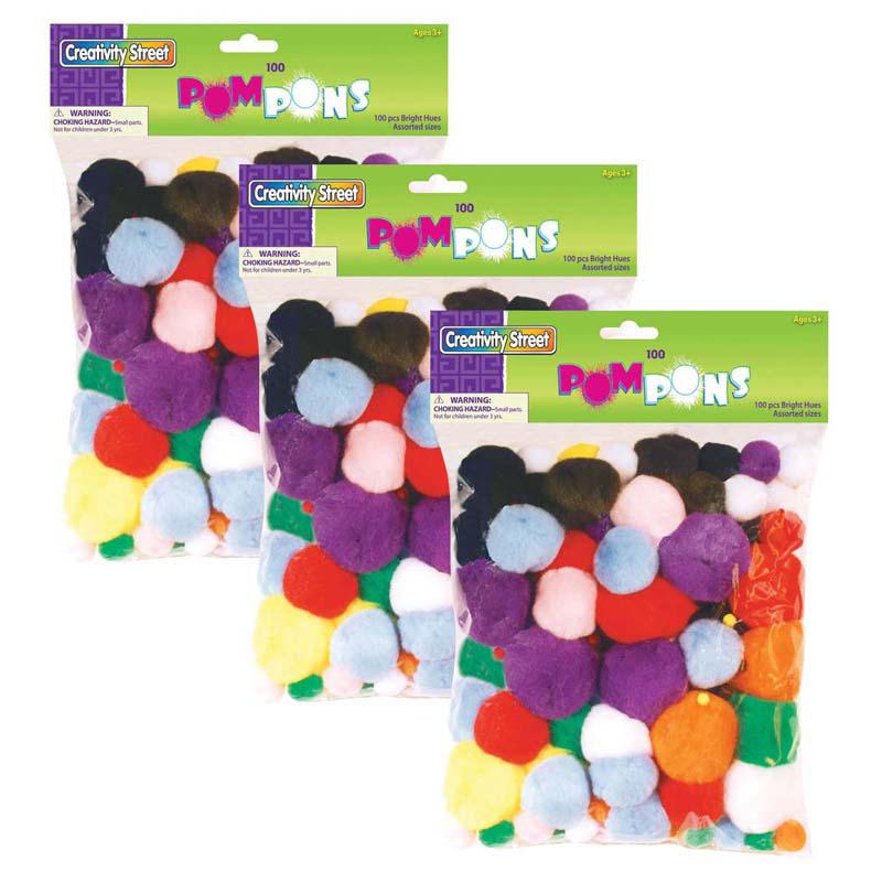 Pom Pons, Bright Hues, Assorted Sizes, 100 Pieces Per Pack, 3 Packs. Picture 2