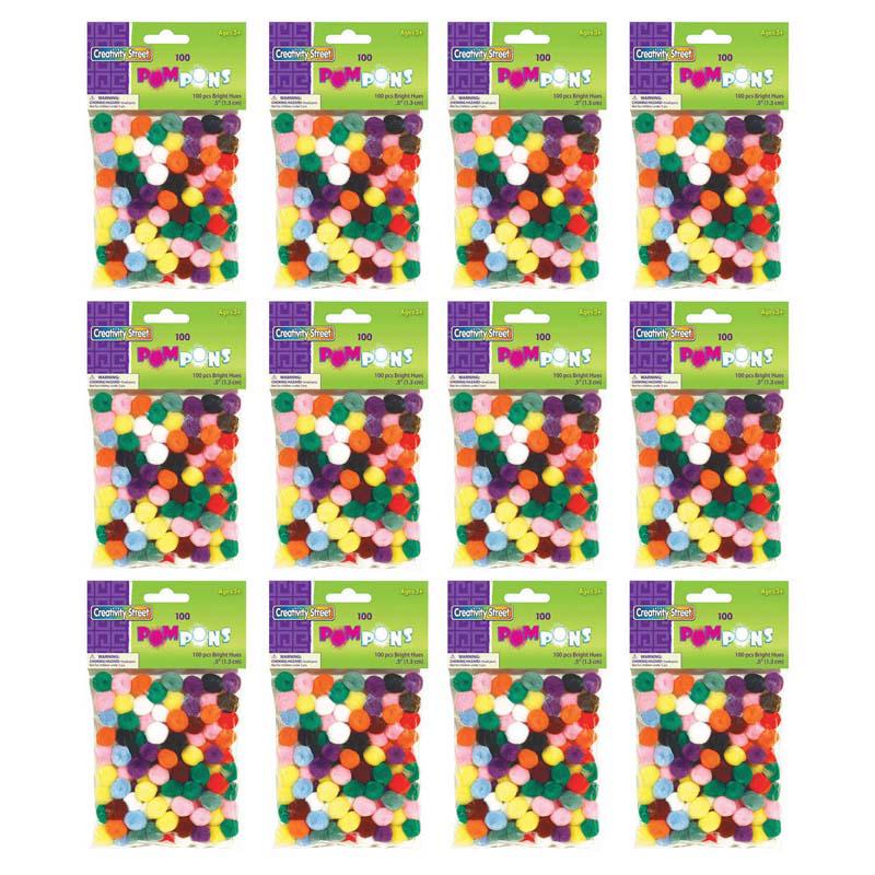 Pom Pons, Bright Hues Assortment, 0.5", 100 Pieces Per Pack, 12 Packs. Picture 2