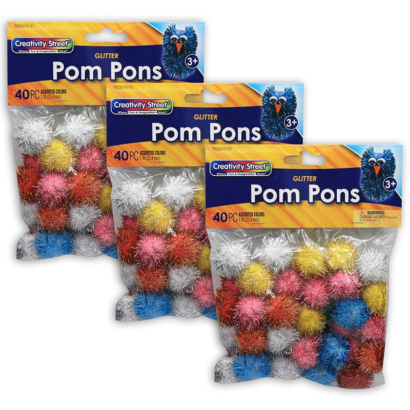 Glitter Pom Pons, Assorted Colors, 1", 40 Pieces Per Pack, 3 Pack. Picture 2