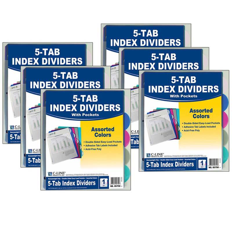 5-Tab Poly Index Dividers w/Slant Pocket, Assorted Colors, 5 Per Pack, 6 Packs. Picture 2