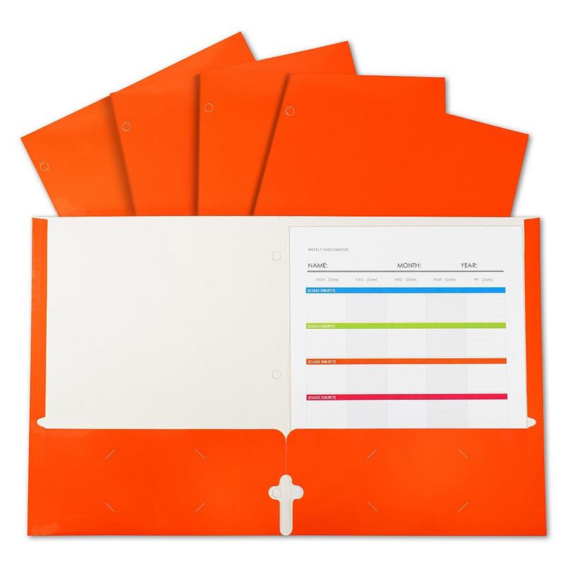 2-Pocket Laminated Paper Portfolios with 3-Hole Punch, Orange, Box of 25. Picture 2