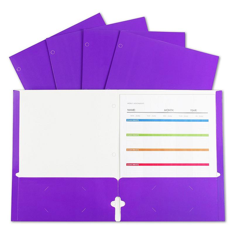 2-Pocket Laminated Paper Portfolios with 3-Hole Punch, Purple, Box of 25. Picture 2