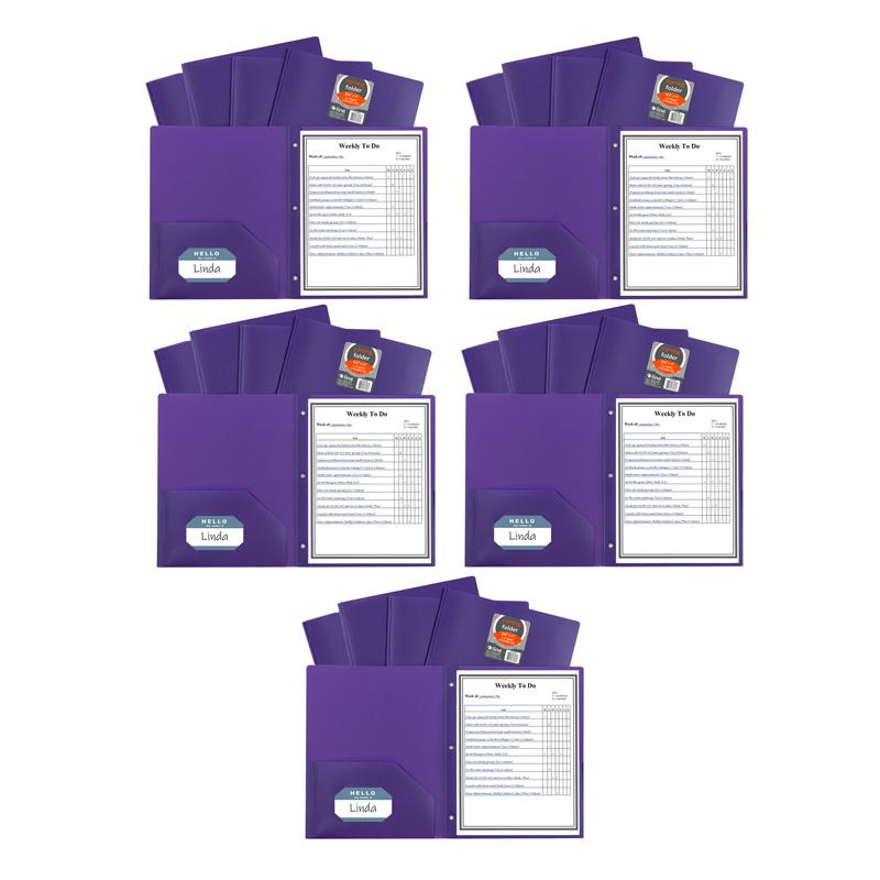 Two-Pocket Heavyweight Poly Portfolio Folder with Prongs, Purple, Pack of 25. Picture 2