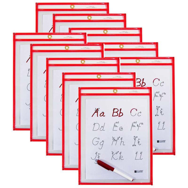 Reusable Dry Erase Pocket - Study Aid, Neon Red, 9" x 12", Pack of 10. Picture 2
