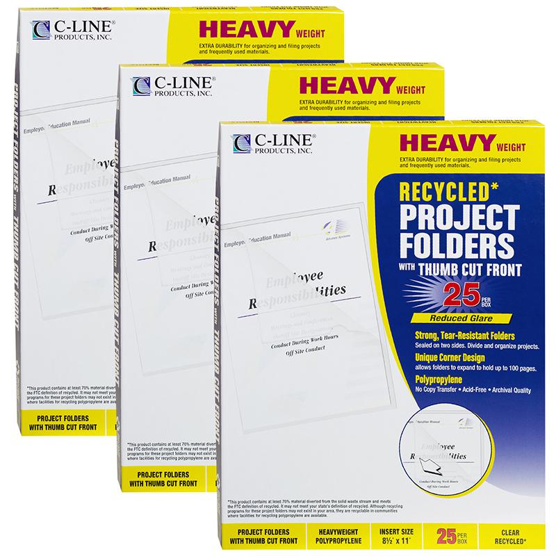 Recycled Poly Project Folders, Clear, Reduced Glare, 25 Per Box, 3 Boxes. Picture 2
