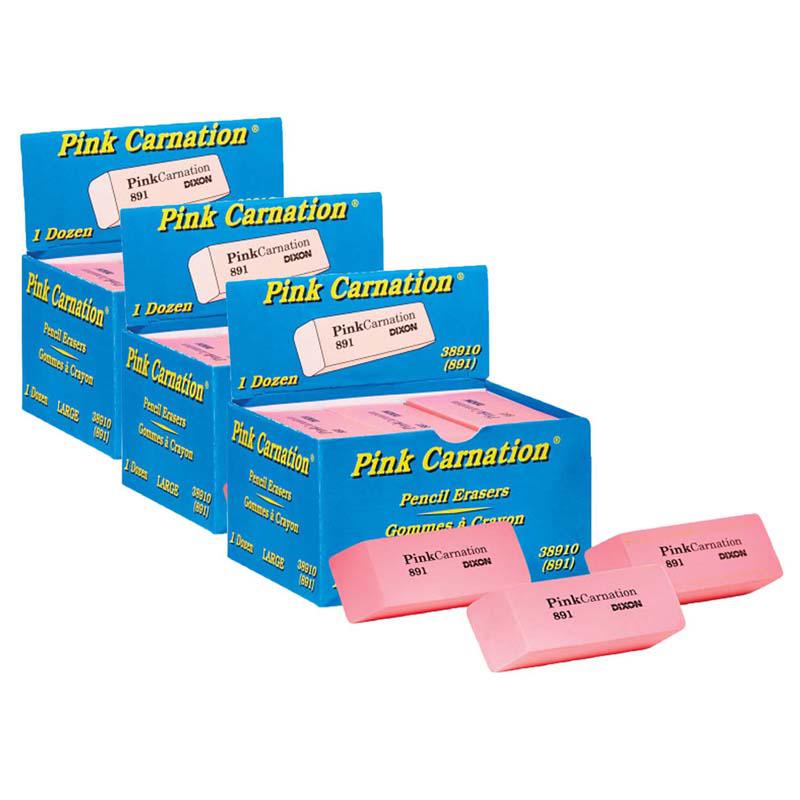 Pink Carnation Erasers, Large, 2-9/16 x 1 x 7/16, 12 Per Pack, 3 Packs. Picture 2