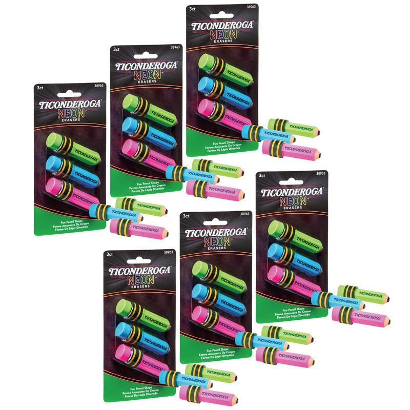 Pencil Shaped Neon Erasers, 3 Per Pack, 6 Packs. Picture 2