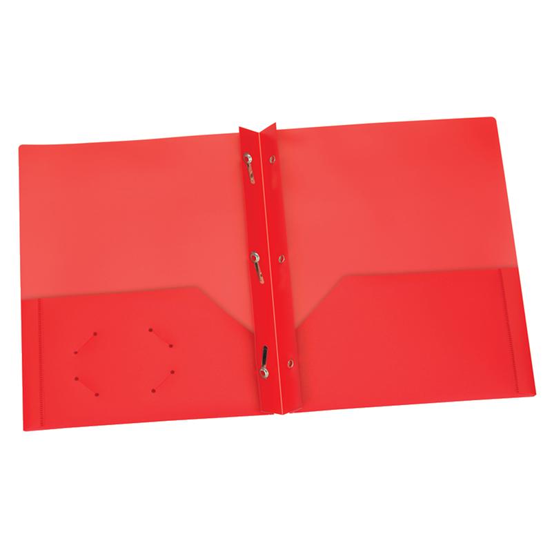 Red Poly Two Pocket Portfolio with Prongs, Pack of 25. Picture 2