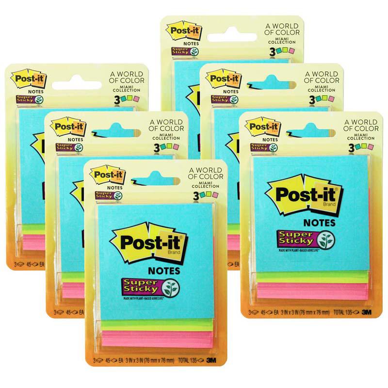 Super Sticky Notes, 3" x 3", Miami Collection, 3 Pads/Pack, 6 Packs. Picture 2