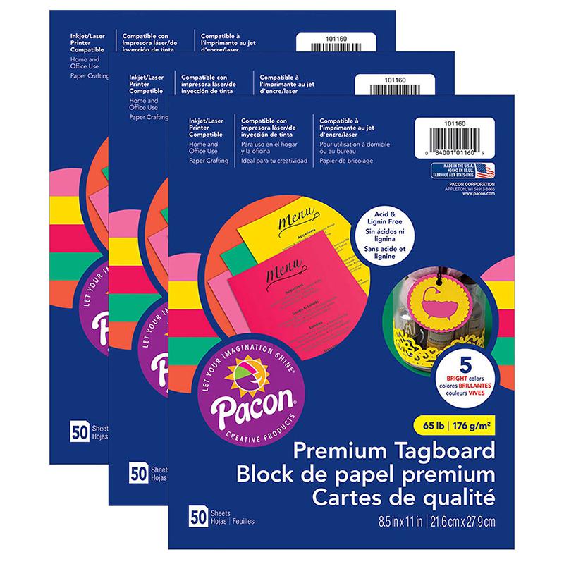 Premium Tagboard, 5 Assorted Bright Colors, 50 Sheets Per Pack, 3 Packs. Picture 2