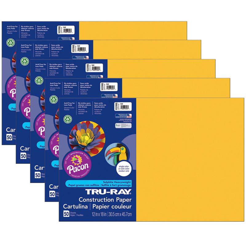 Construction Paper, Gold, 12" x 18", 50 Sheets Per Pack, 5 Packs. Picture 2
