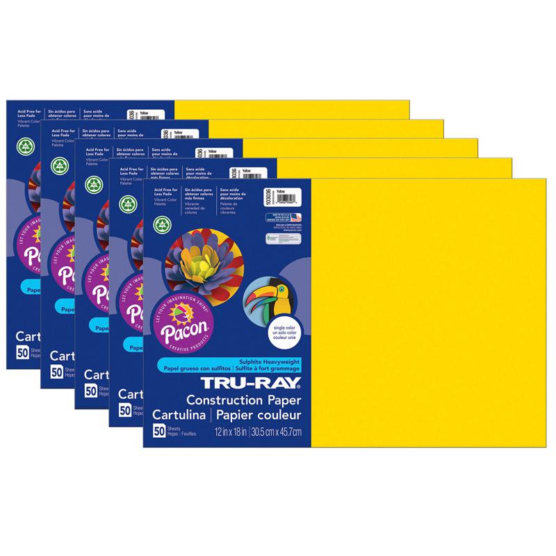 Construction Paper, Yellow, 12" x 18", 50 Sheets Per Pack, 5 Packs. Picture 2