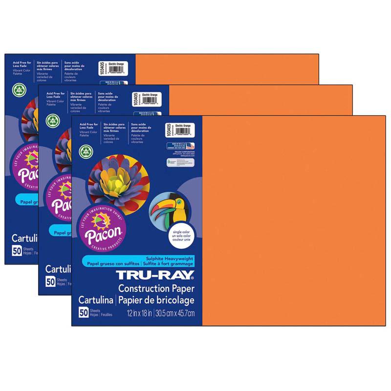 Construction Paper, Electric Orange, 12" x 18", 50 Sheets Per Pack, 3 Packs. Picture 2