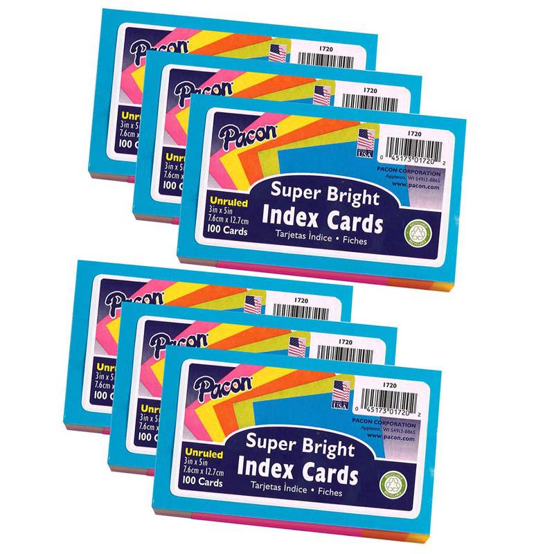 Index Cards, 5 Super Bright Unruled, 3" x 5", 100 Cards Per Pack, 6 Packs. Picture 2