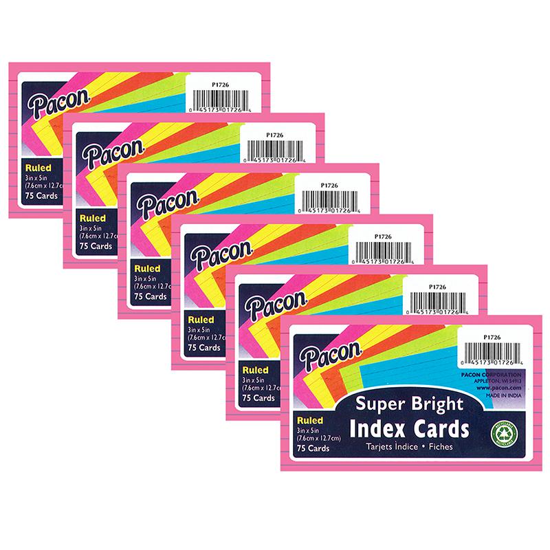 Index Cards, 5 Super Bright 0.25" Ruled, 3" x 5", 75 Cards Per Pack, 6 Packs. Picture 2