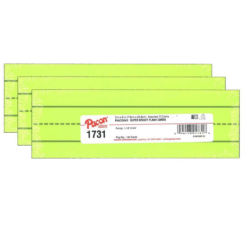 Super Bright Flash Cards, Ruled 3" x 9", 100 Cards Per Pack, 3 Packs. Picture 2