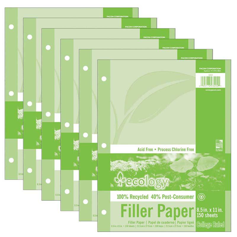 Recycled Filler Paper, 3-Hole Punched, 9/32" Ruled, 150 Sheets Per Pack, 6 Packs. Picture 2