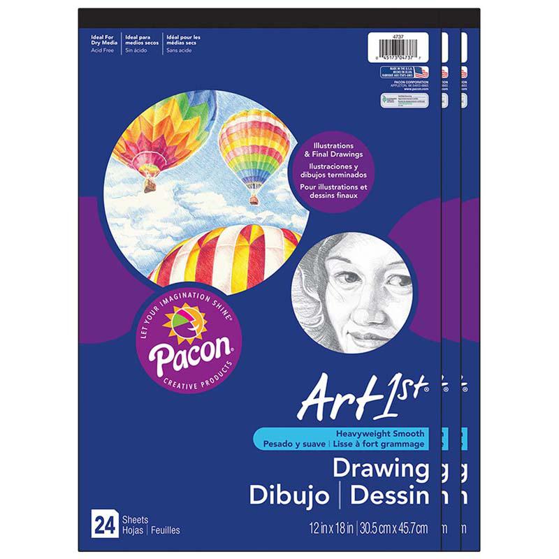 Drawing Paper Pad, Heavyweight, 12" x 18", 24 Sheets, Pack of 3. Picture 2