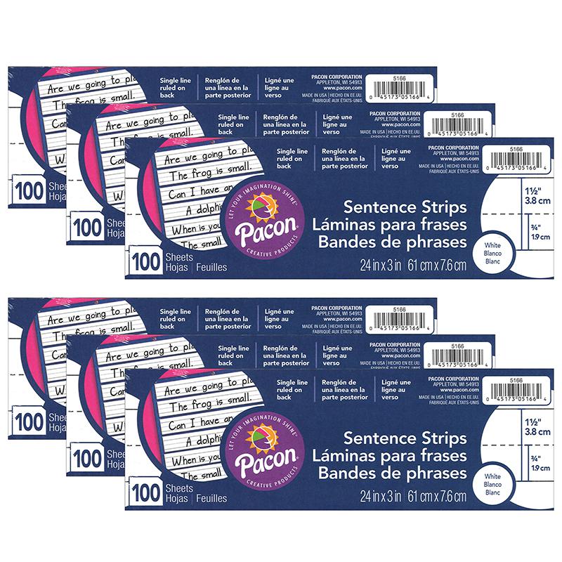 Sentence Strips, White, 1-1/2" Ruled, 3" x 24", 100 Strips Per Pack, 6 Packs. Picture 2